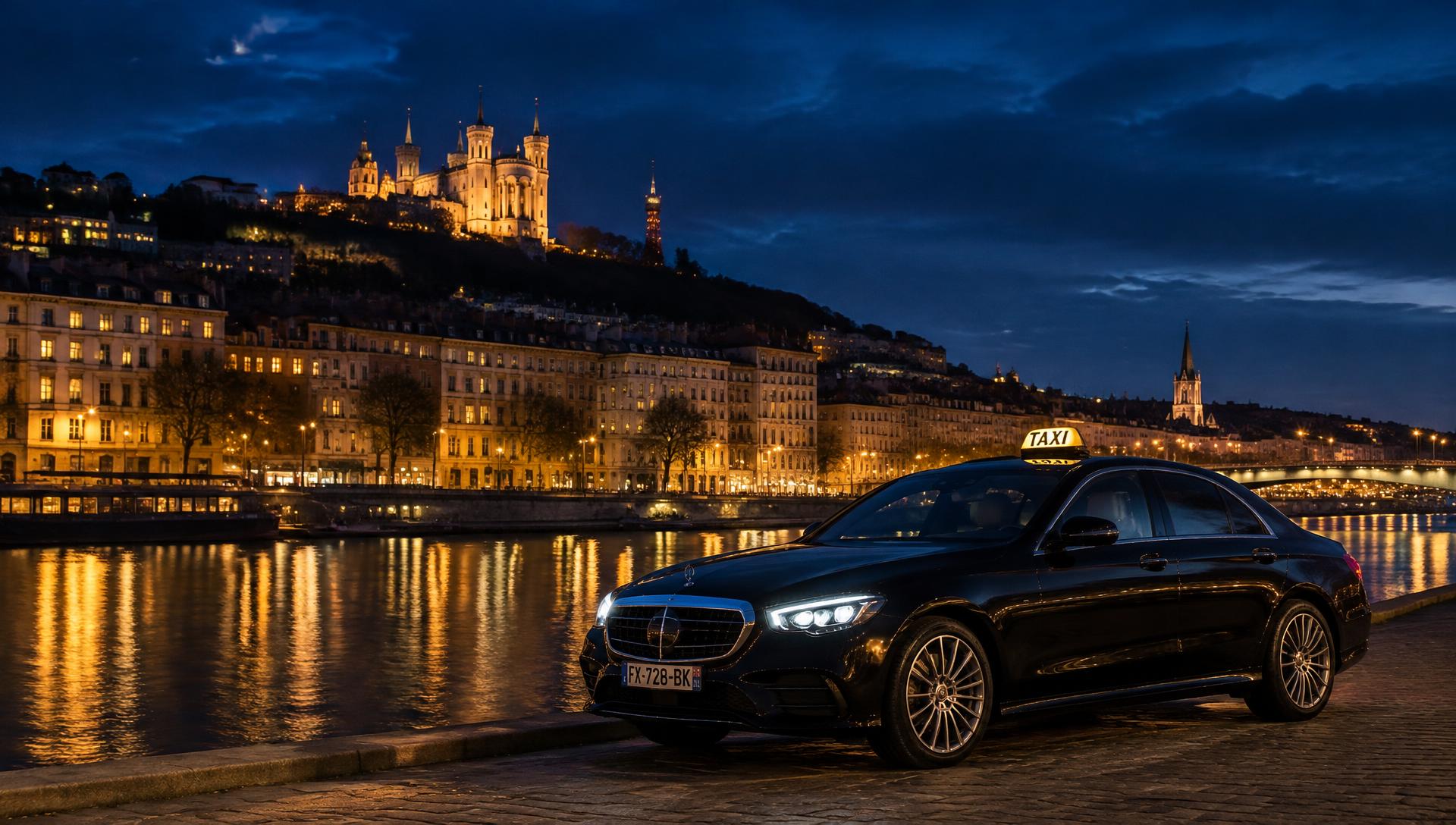 Taxi haut de gamme sur les quais de Saône à Lyon au crépuscule, basilique de Fourvière illuminée